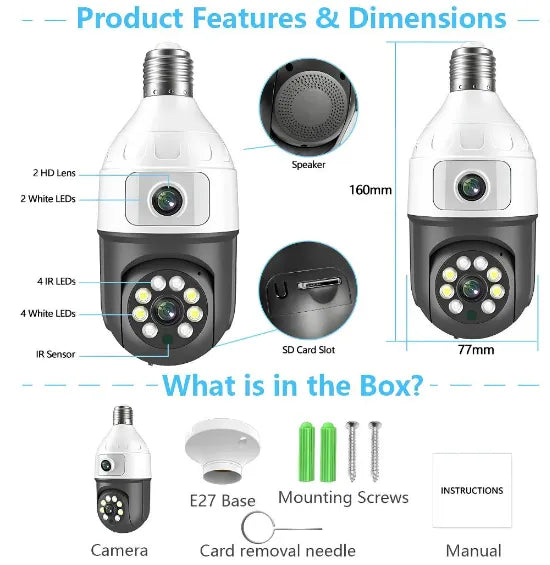 Câmera IP com Lente Dupla, Lâmpada E27, WiFi, e Auto Tracking