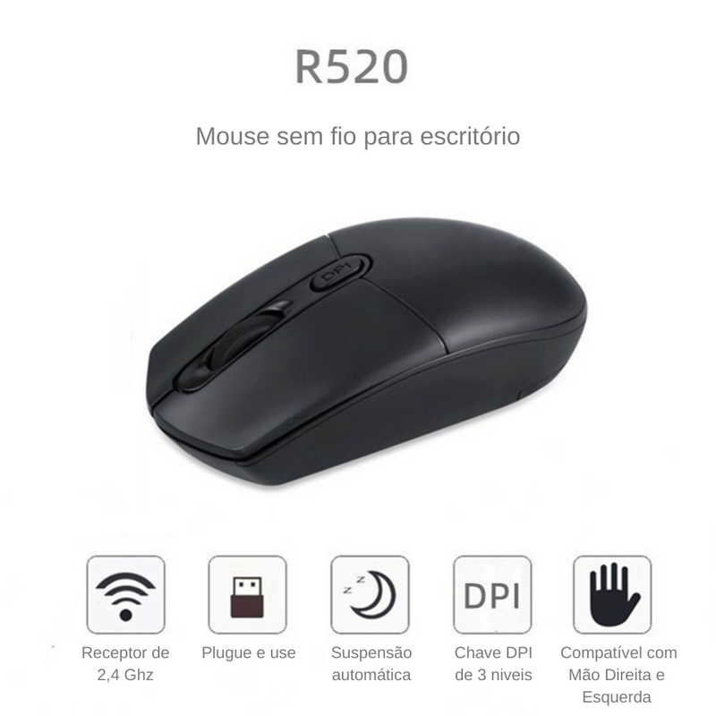 Mouse sem Fio USB Silencioso e Ergonômico 1600 DPI