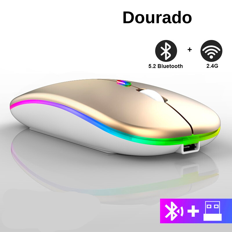 Mouse sem Fio Bluetooth Gamer com LED Recarregável USB RGB 1600 DPI