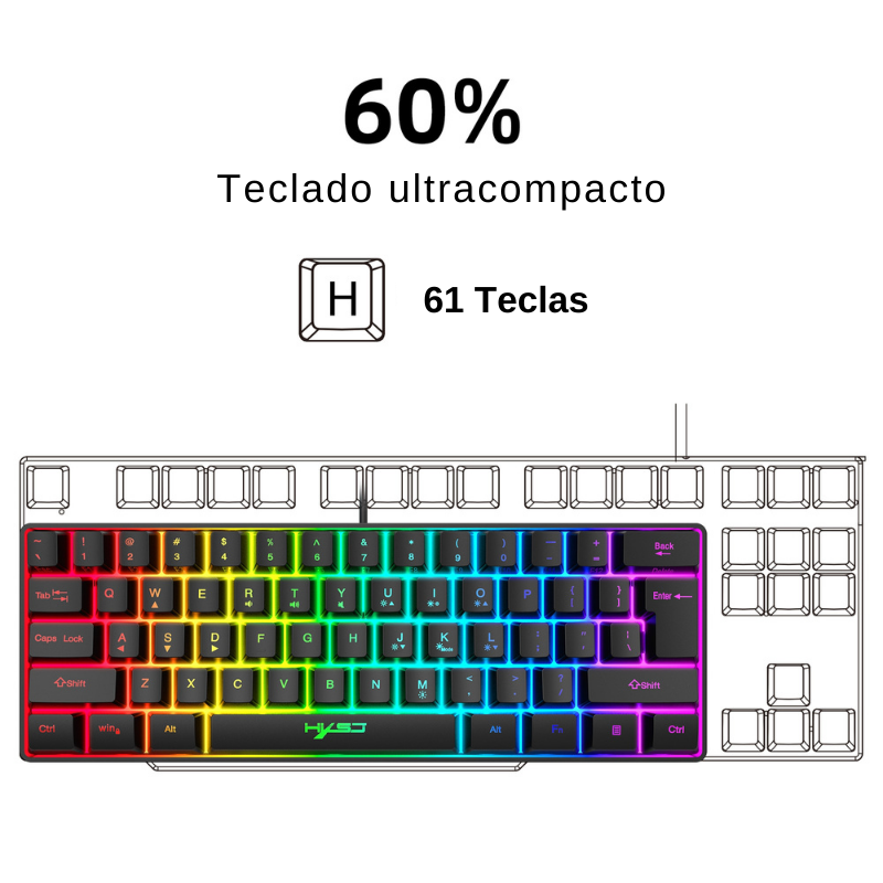 Teclado Compacto HYSJ 61 teclas com luzes RGB para PC, MAC, PS4