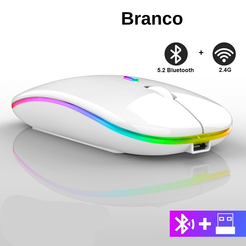 Mouse sem Fio Bluetooth Gamer com LED Recarregável USB RGB 1600 DPI