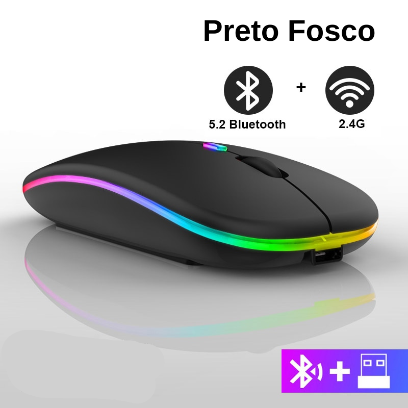 Mouse sem Fio Bluetooth Gamer com LED Recarregável USB RGB 1600 DPI