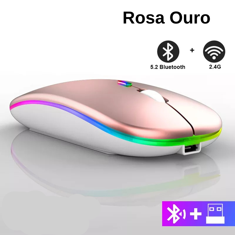 Mouse sem Fio Bluetooth Gamer com LED Recarregável USB RGB 1600 DPI