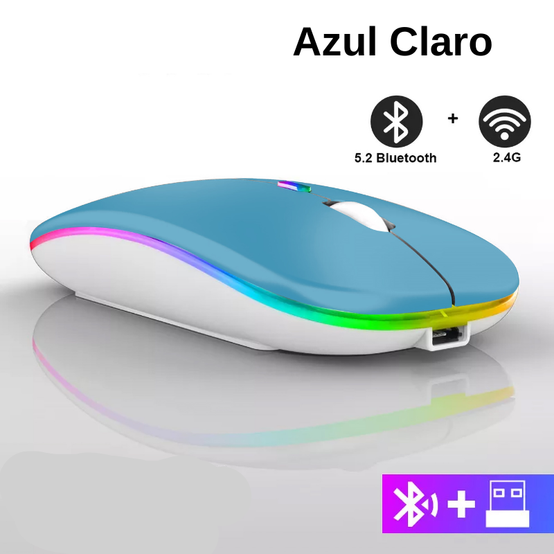 Mouse sem Fio Bluetooth Gamer com LED Recarregável USB RGB 1600 DPI